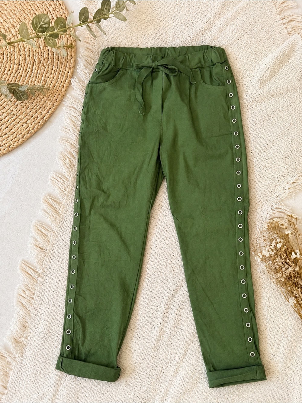 Olive Green Women's Eyelet-Trim Drawstring Pants